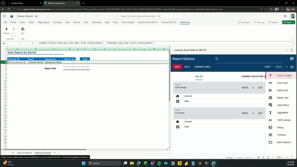 Report Options panel showing the Manage Links button and two configured options