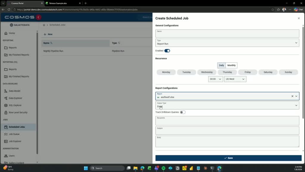 Create Scheduled Job dialog showing the Output Type field set to Excel
