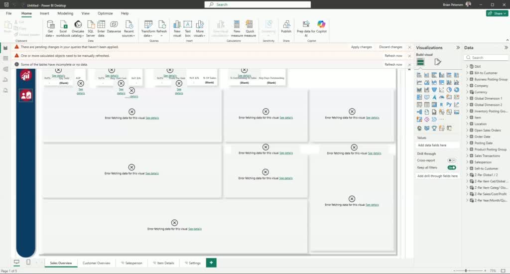 Power BI report showing errors on all visuals