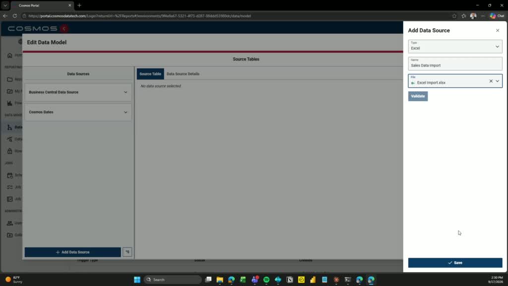 Add Data Source panel configured with Excel type and file selected