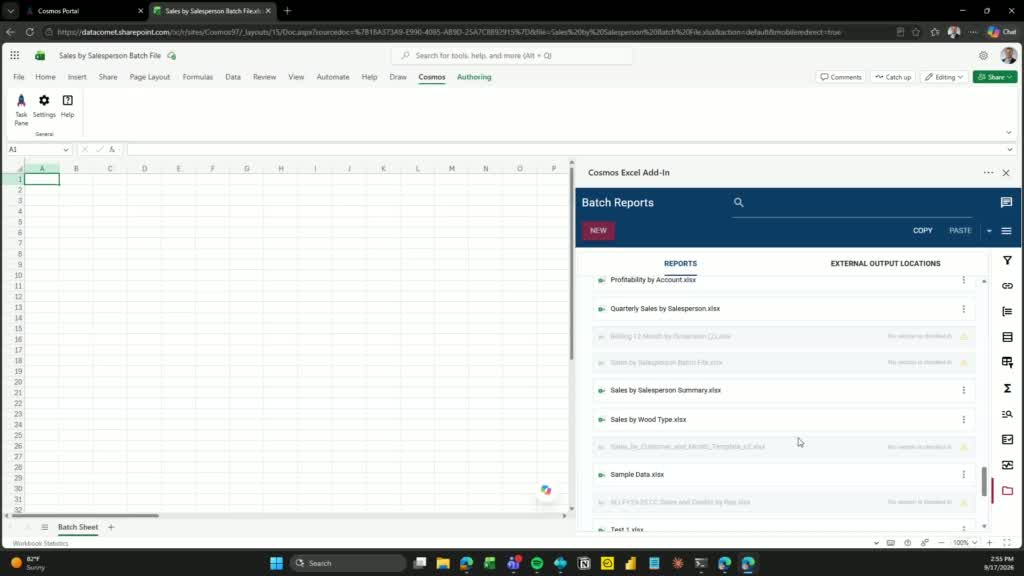 Cosmos Excel Add-In task pane showing Batch Reports and the report list