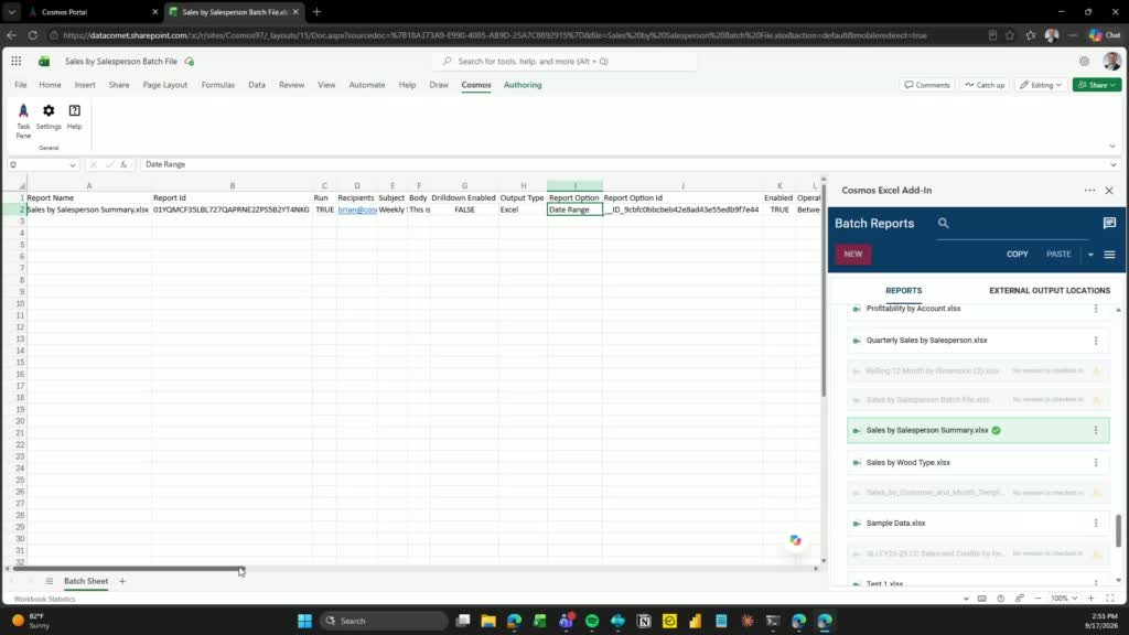 Batch Sheet with headers and one populated data row