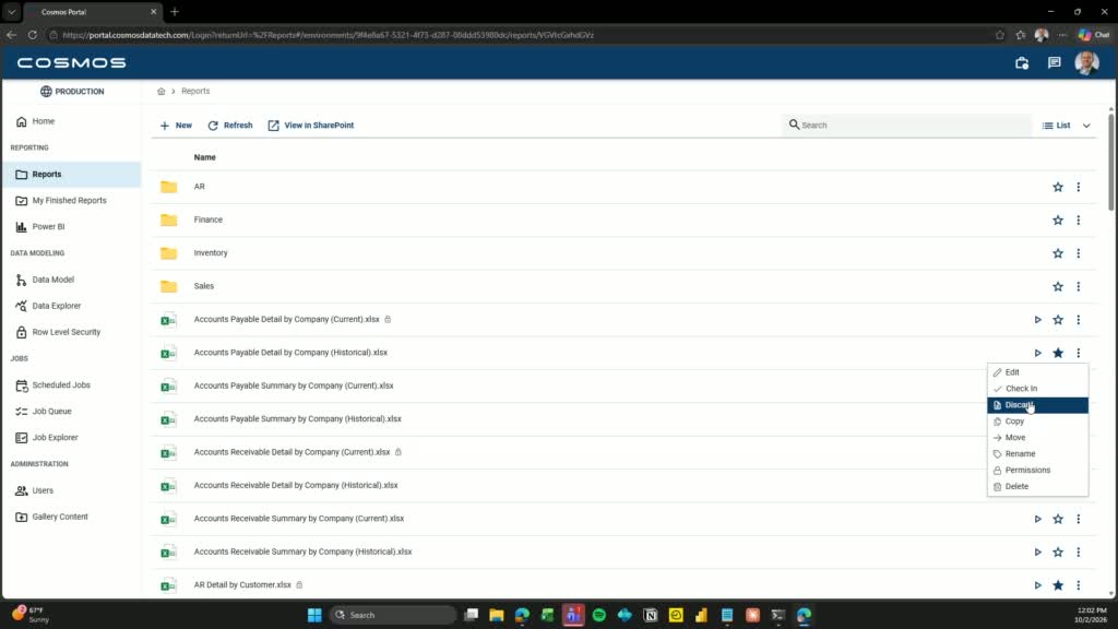 Reports list showing lock icons and expanded quick action menu with Check In, Discard, and Edit options