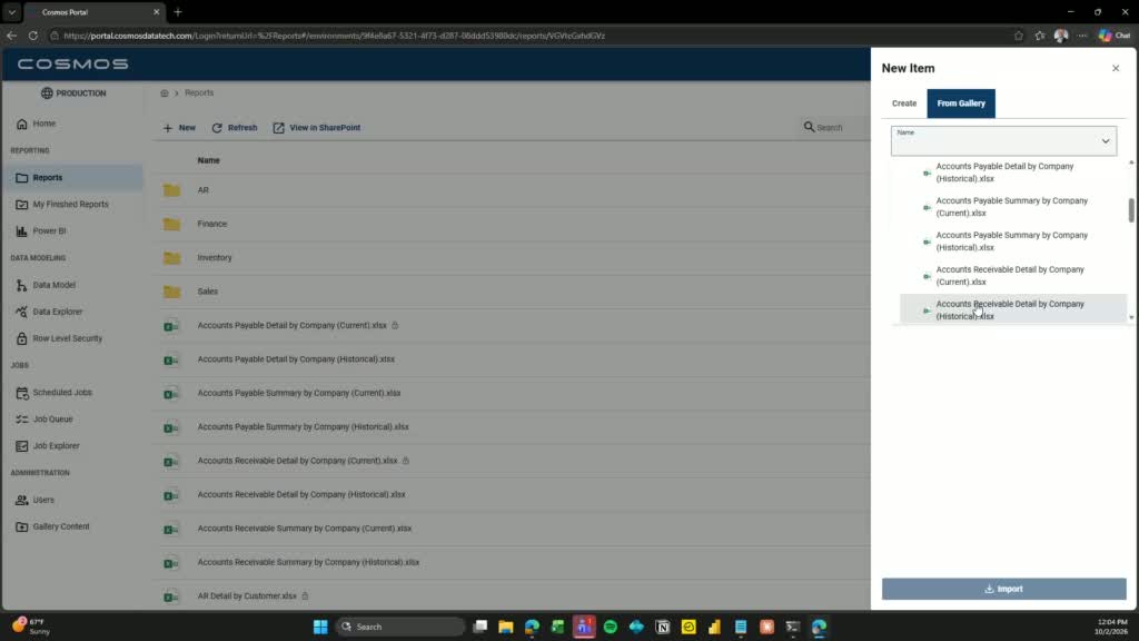 New Item panel showing the From Gallery tab with multiple reports selected and an Import button