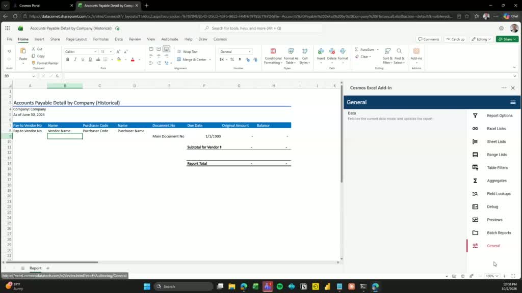 Cosmos Excel Add-In panel open alongside an Excel report, showing the General tab with navigation options