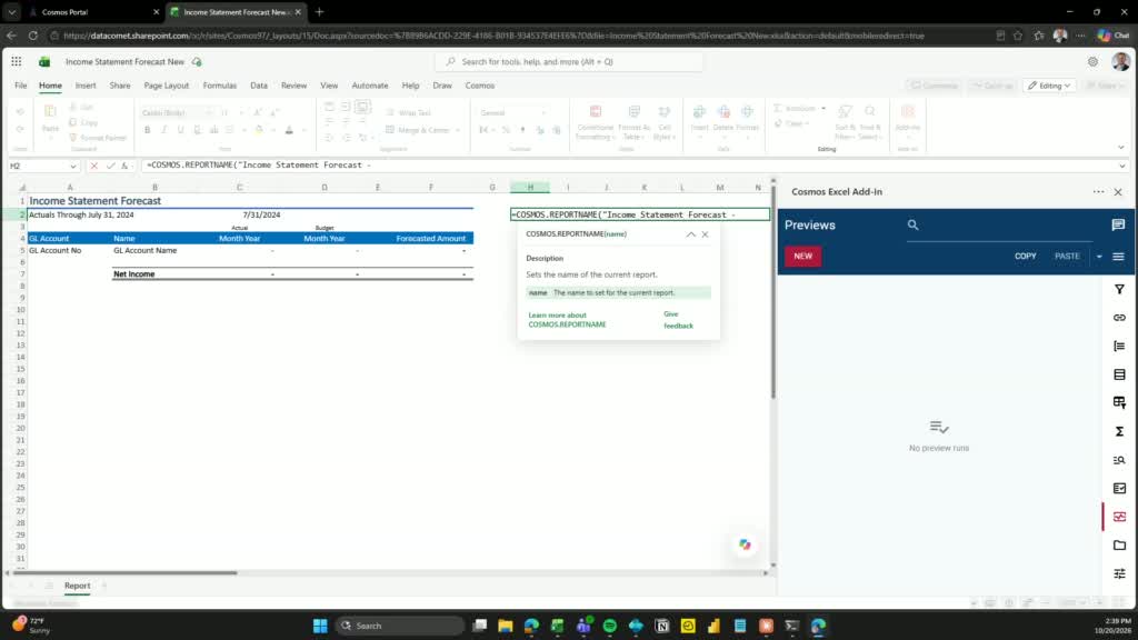 COSMOS.REPORTNAME function tooltip visible in Excel