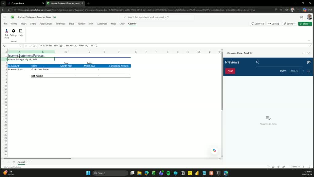 Excel workbook open with the Cosmos Excel Add-In panel visible