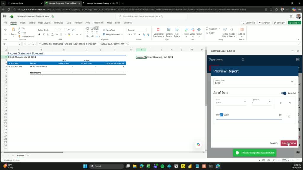 Preview Report panel showing a completed run with the dynamic report name visible in the cell